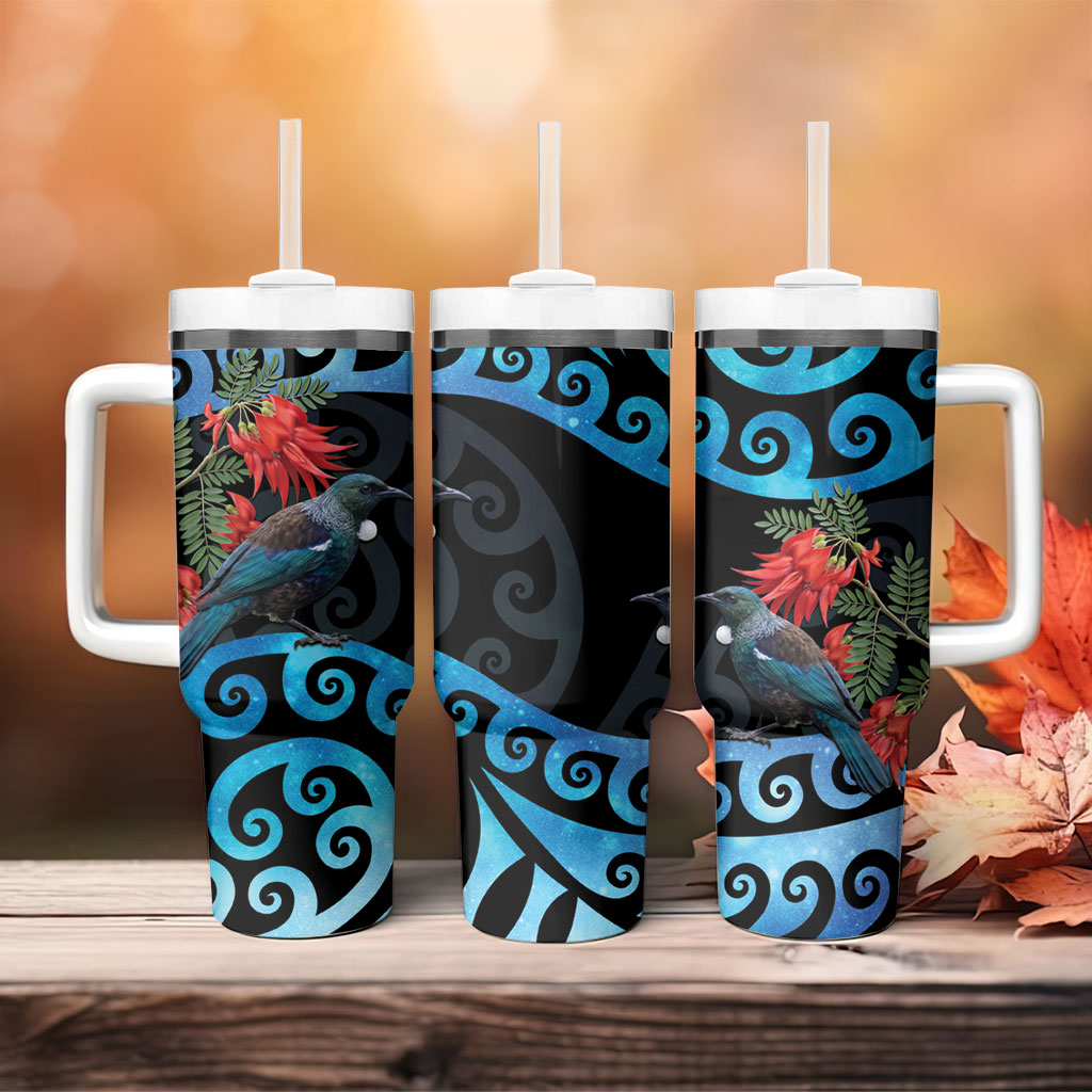 Tui Bird Kakabeak New Zealand Tumbler With Handle Clianthus Galaxy Maori Koru Pattern LT22 - Polynesian Pride