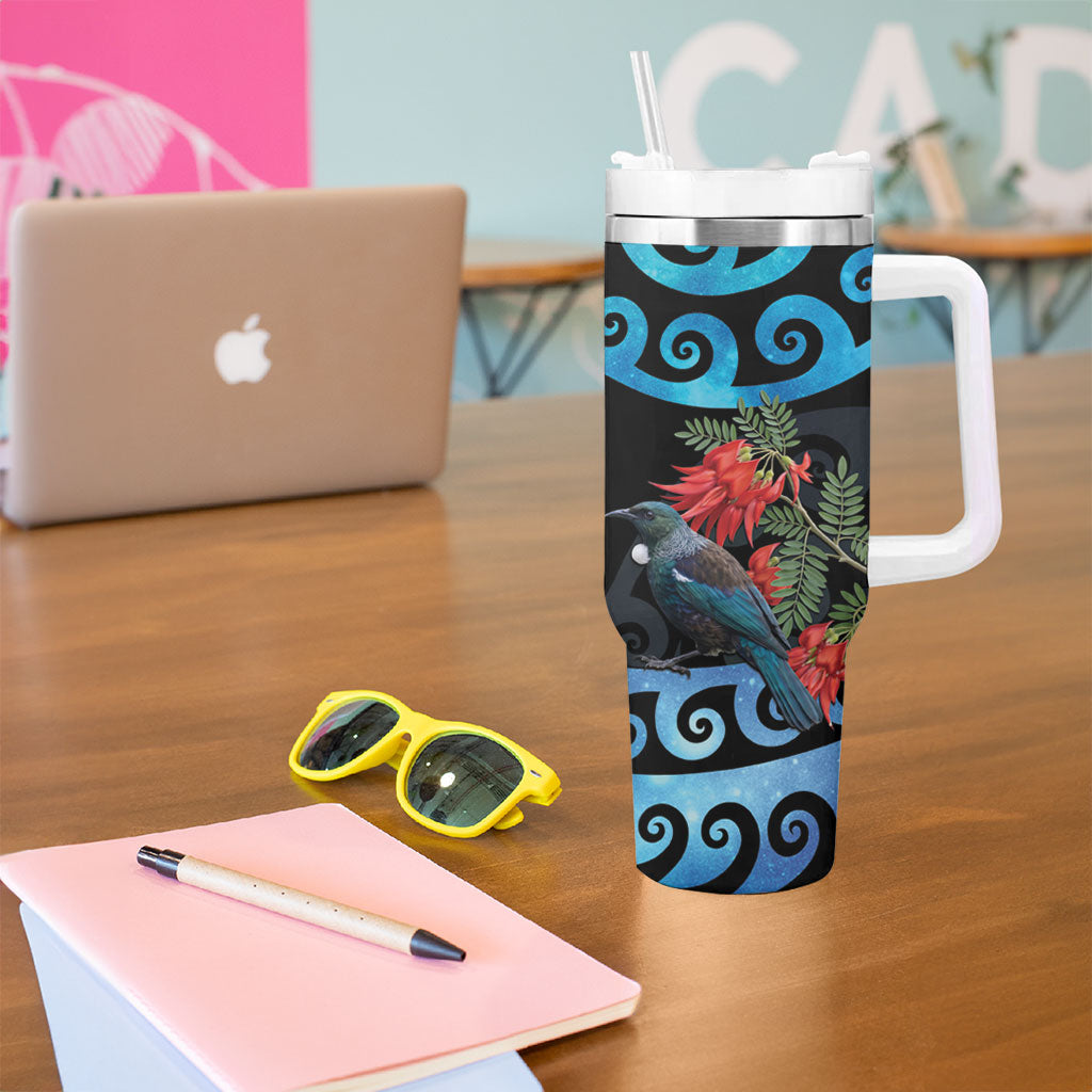 Tui Bird Kakabeak New Zealand Tumbler With Handle Clianthus Galaxy Maori Koru Pattern LT22 - Polynesian Pride
