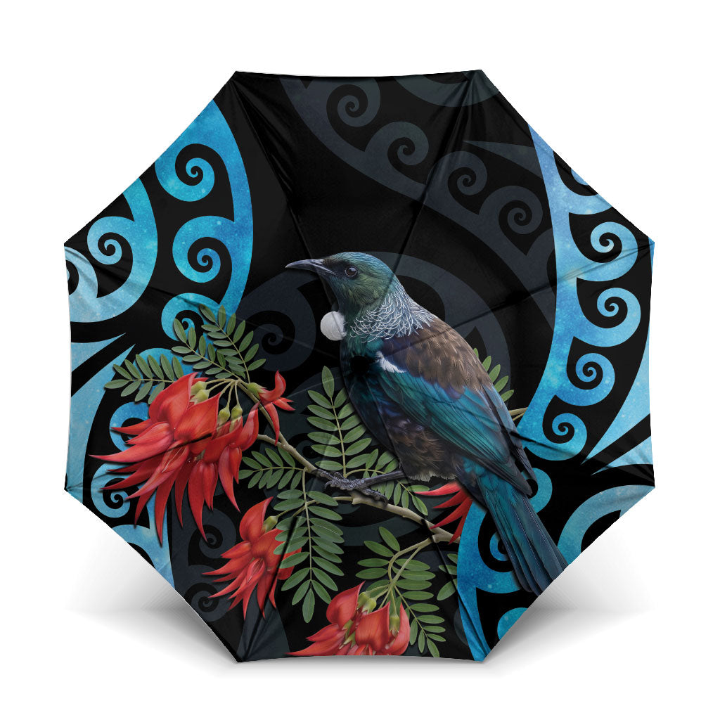 Tui Bird Kakabeak New Zealand Umbrella Clianthus Galaxy Maori Koru Pattern LT22 One Size Folded 11.42 inch Opened Diameter 37.4 inch Blue - Polynesian Pride
