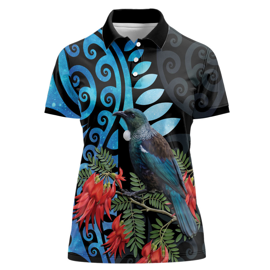 Tui Bird Kakabeak New Zealand Women Polo Shirt Clianthus Galaxy Maori Koru Pattern LT22 Female Blue - Polynesian Pride