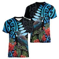 Tui Bird Kakabeak New Zealand Women V-Neck T-Shirt Clianthus Galaxy Maori Koru Pattern