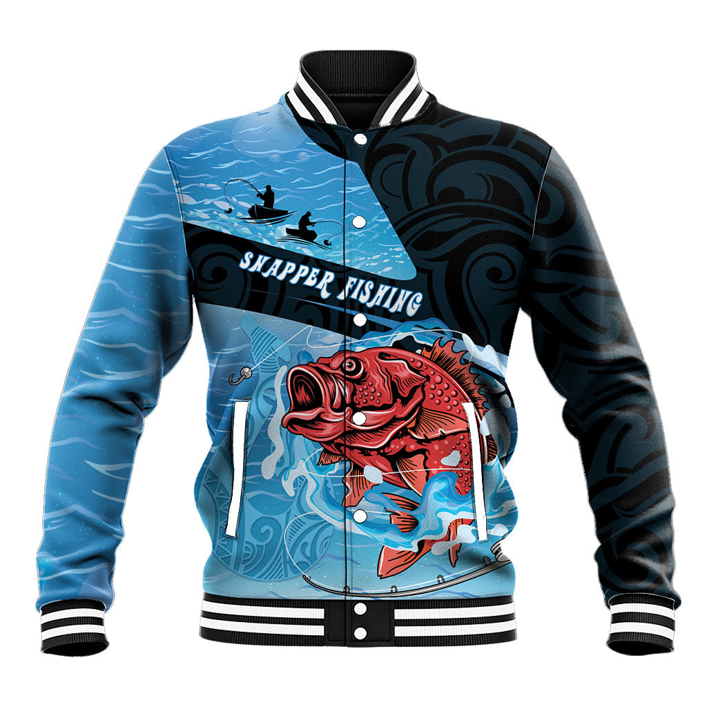 Personalised Snapper Fishing New Zealand Baseball Jacket Tamure Fish Hook Maori Pattern LT22 Unisex Blue - Polynesian Pride