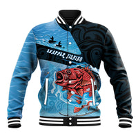 Personalised Snapper Fishing New Zealand Baseball Jacket Tamure Fish Hook Maori Pattern LT22 Unisex Blue - Polynesian Pride