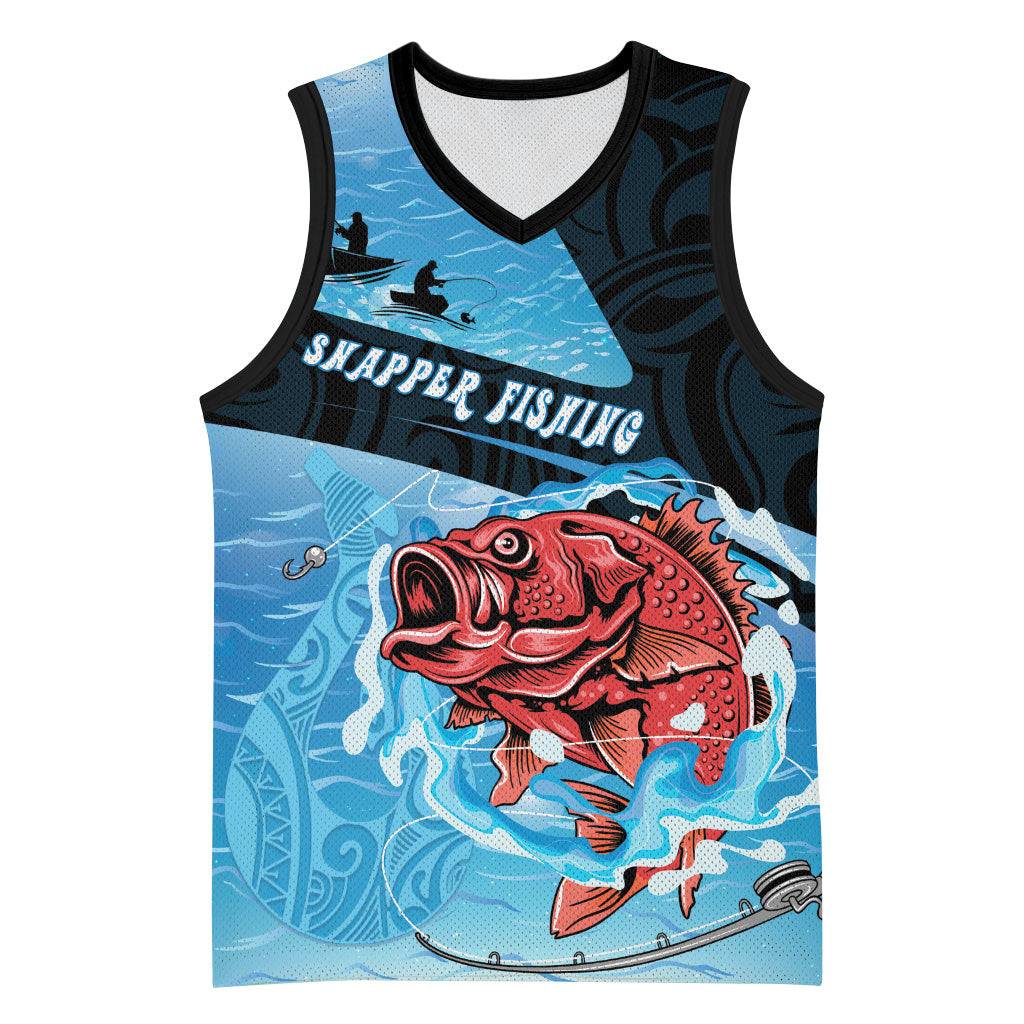 Personalised Snapper Fishing New Zealand Basketball Jersey Tamure Fish Hook Maori Pattern LT22 Unisex Blue - Polynesian Pride
