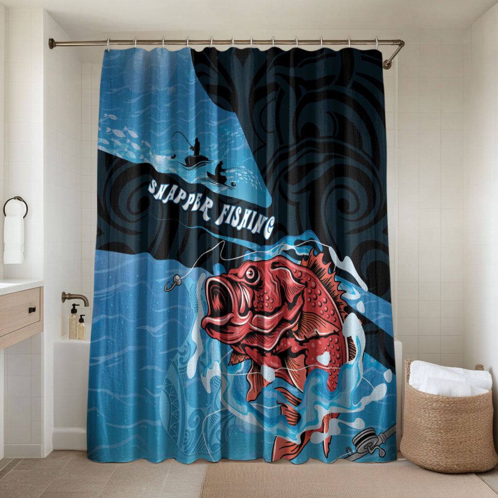Snapper Fishing New Zealand Bathroom Set Tamure Fish Hook Maori Pattern LT22 Shower Curtain Only Blue - Polynesian Pride
