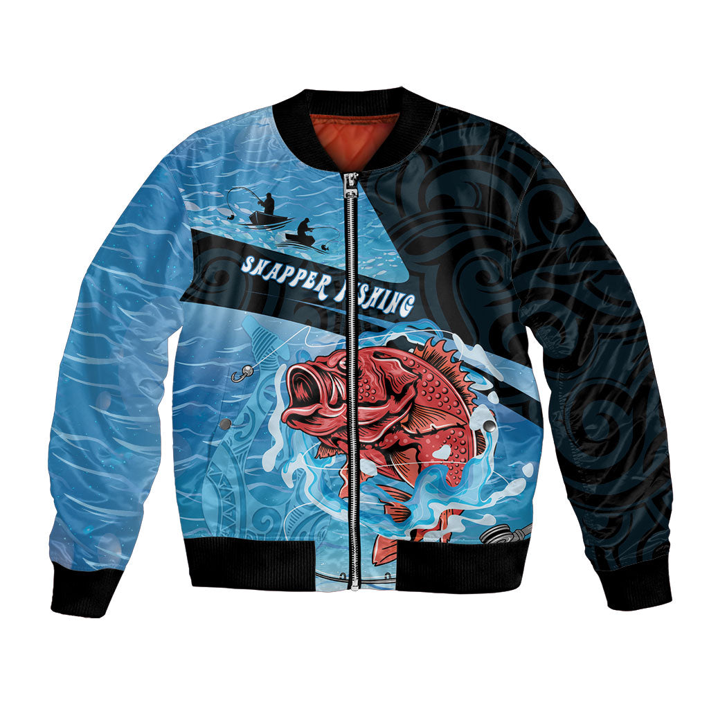 Personalised Snapper Fishing New Zealand Bomber Jacket Tamure Fish Hook Maori Pattern LT22 Unisex Blue - Polynesian Pride