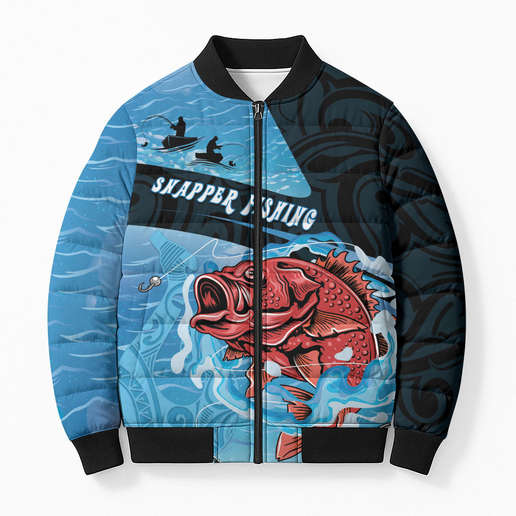 Personalised Snapper Fishing New Zealand Bomber Puffer Jacket Tamure Fish Hook Maori Pattern LT22 Unisex Blue - Polynesian Pride