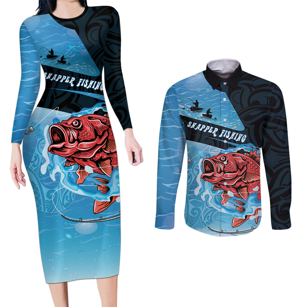 Personalised Snapper Fishing New Zealand Couples Matching Long Sleeve Bodycon Dress and Long Sleeve Button Shirt Tamure Fish Hook Maori Pattern LT22 Blue - Polynesian Pride
