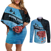 Personalised Snapper Fishing New Zealand Couples Matching Off Shoulder Short Dress and Long Sleeve Button Shirt Tamure Fish Hook Maori Pattern