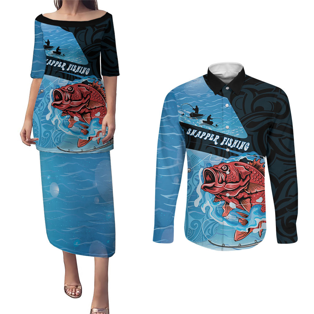 Personalised Snapper Fishing New Zealand Couples Matching Puletasi and Long Sleeve Button Shirt Tamure Fish Hook Maori Pattern LT22 Blue - Polynesian Pride