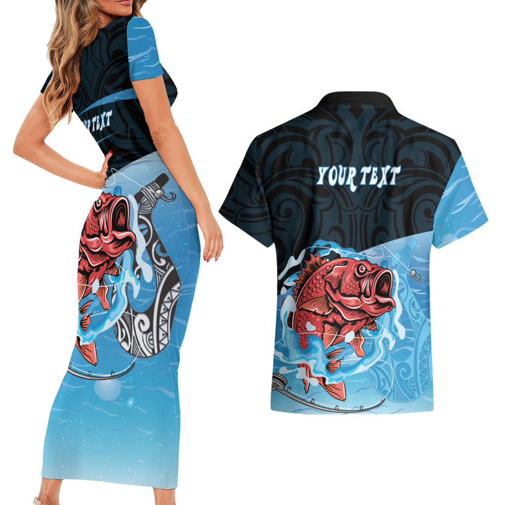 Personalised Snapper Fishing New Zealand Couples Matching Short Sleeve Bodycon Dress and Hawaiian Shirt Tamure Fish Hook Maori Pattern
