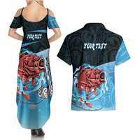 Personalised Snapper Fishing New Zealand Couples Matching Summer Maxi Dress and Hawaiian Shirt Tamure Fish Hook Maori Pattern