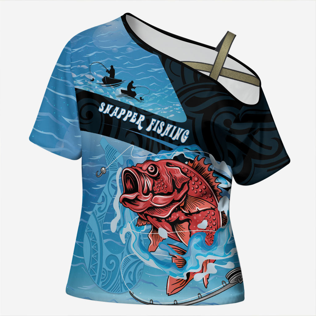 Personalised Snapper Fishing New Zealand Cross Shoulder Shirt Tamure Fish Hook Maori Pattern LT22 Female Blue - Polynesian Pride