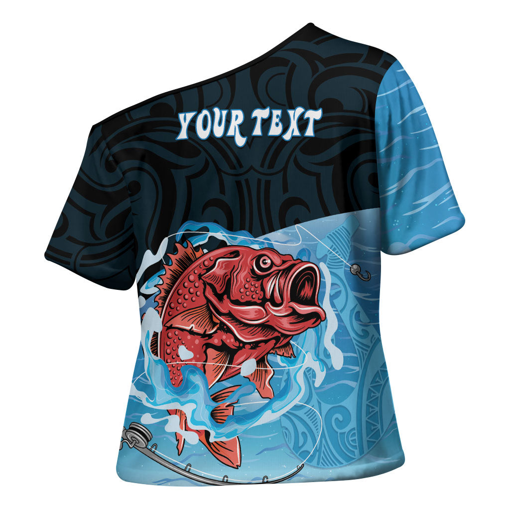 Personalised Snapper Fishing New Zealand Cross Shoulder Shirt Tamure Fish Hook Maori Pattern LT22 - Polynesian Pride