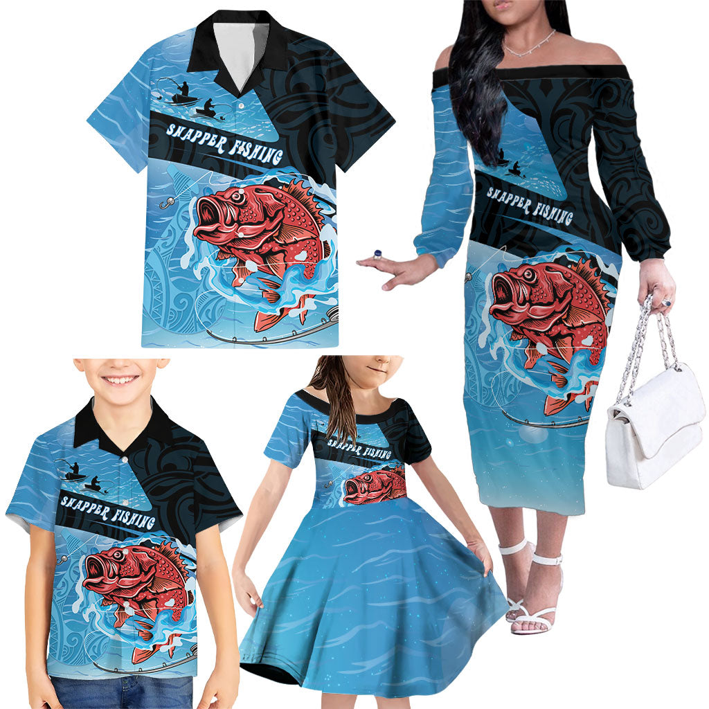 Personalised Snapper Fishing New Zealand Family Matching Off The Shoulder Long Sleeve Dress and Hawaiian Shirt Tamure Fish Hook Maori Pattern LT22 - Polynesian Pride