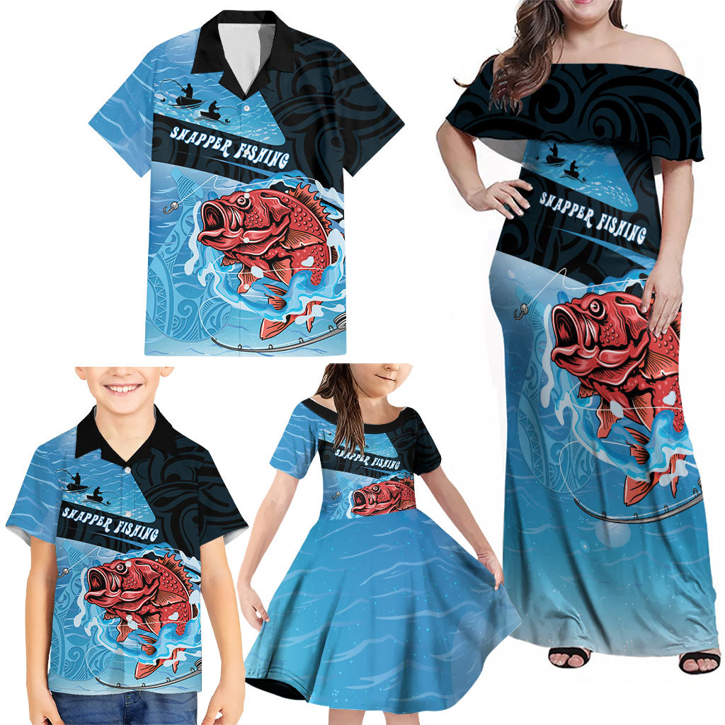Personalised Snapper Fishing New Zealand Family Matching Off Shoulder Maxi Dress and Hawaiian Shirt Tamure Fish Hook Maori Pattern LT22 - Polynesian Pride