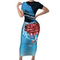 Personalised Snapper Fishing New Zealand Family Matching Short Sleeve Bodycon Dress and Hawaiian Shirt Tamure Fish Hook Maori Pattern