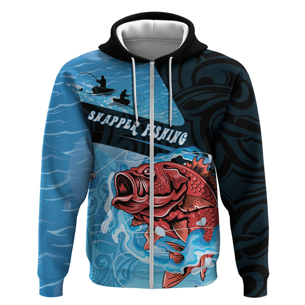 Personalised Snapper Fishing New Zealand Hoodie Tamure Fish Hook Maori Pattern LT22 Zip Hoodie Blue - Polynesian Pride