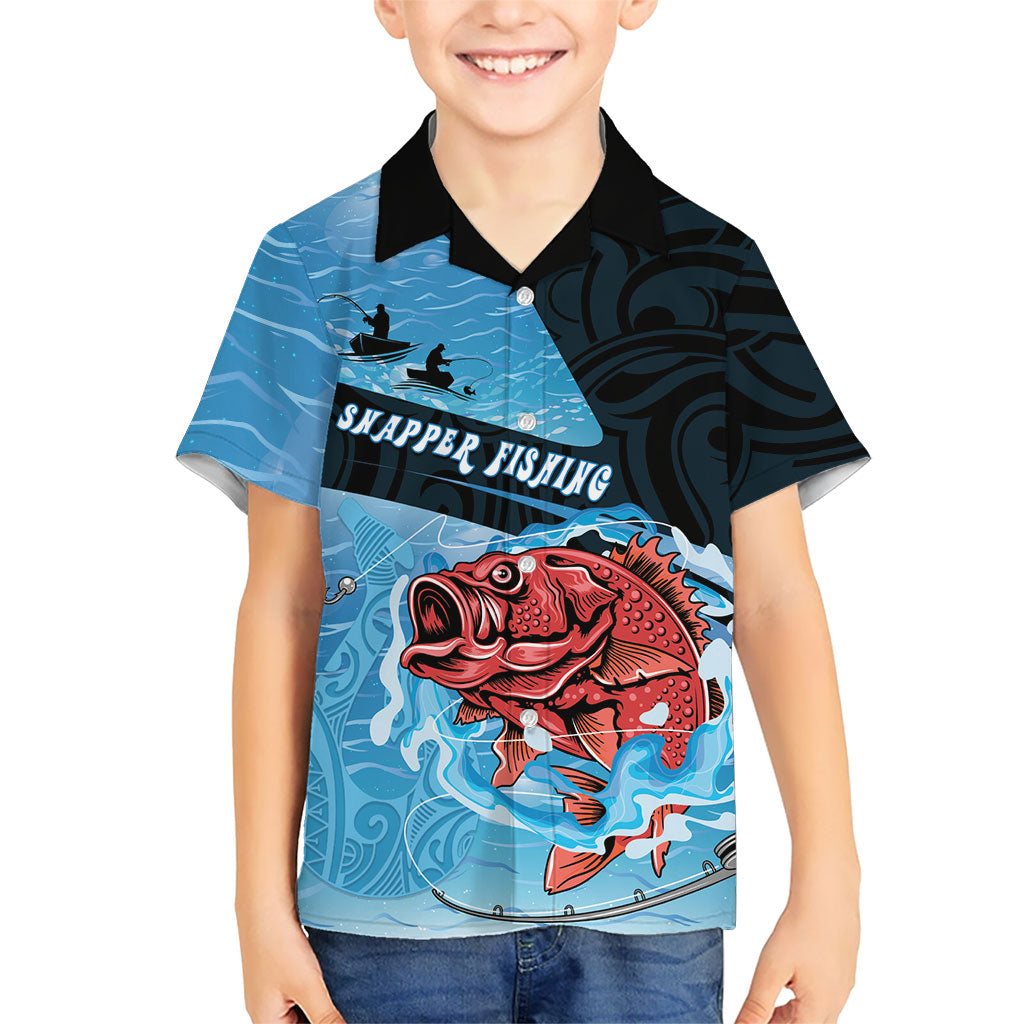 Personalised Snapper Fishing New Zealand Kid Hawaiian Shirt Tamure Fish Hook Maori Pattern LT22 Kid Blue - Polynesian Pride