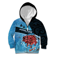 Personalised Snapper Fishing New Zealand Kid Hoodie Tamure Fish Hook Maori Pattern LT22 Zip Hoodie Blue - Polynesian Pride