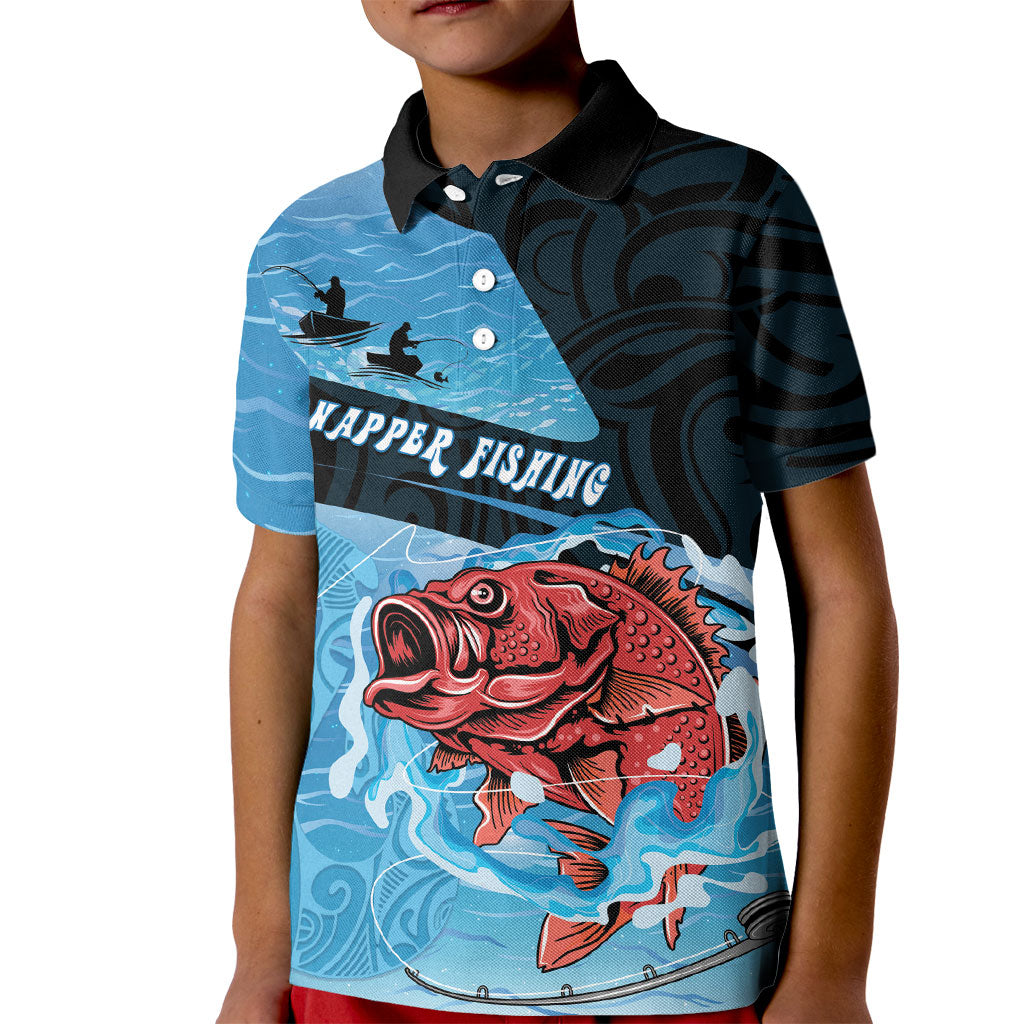 Personalised Snapper Fishing New Zealand Kid Polo Shirt Tamure Fish Hook Maori Pattern LT22 Kid Blue - Polynesian Pride