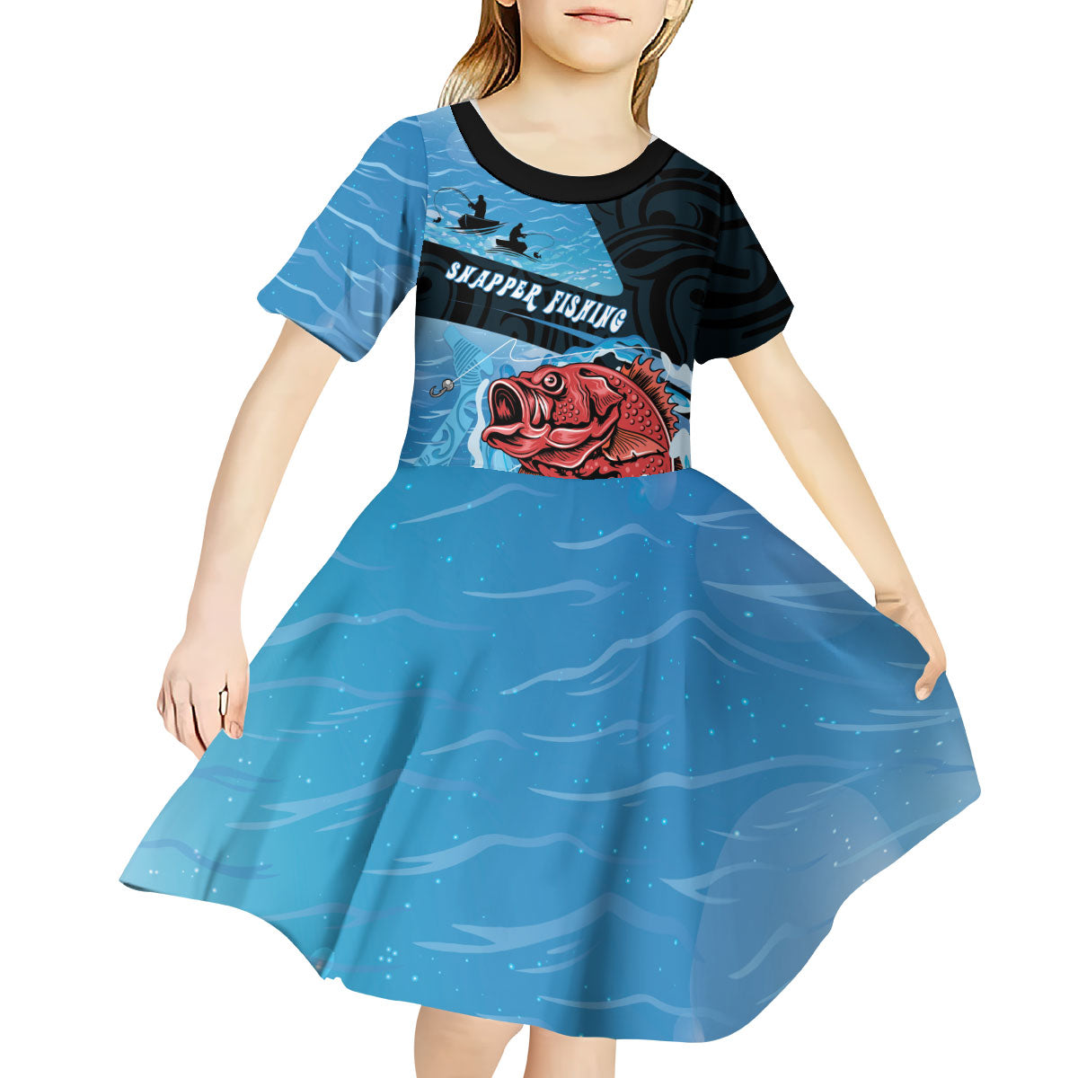 Personalised Snapper Fishing New Zealand Kid Short Sleeve Dress Tamure Fish Hook Maori Pattern LT22 - Polynesian Pride