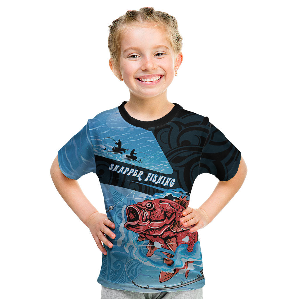 Personalised Snapper Fishing New Zealand Kid T Shirt Tamure Fish Hook Maori Pattern LT22 Blue - Polynesian Pride