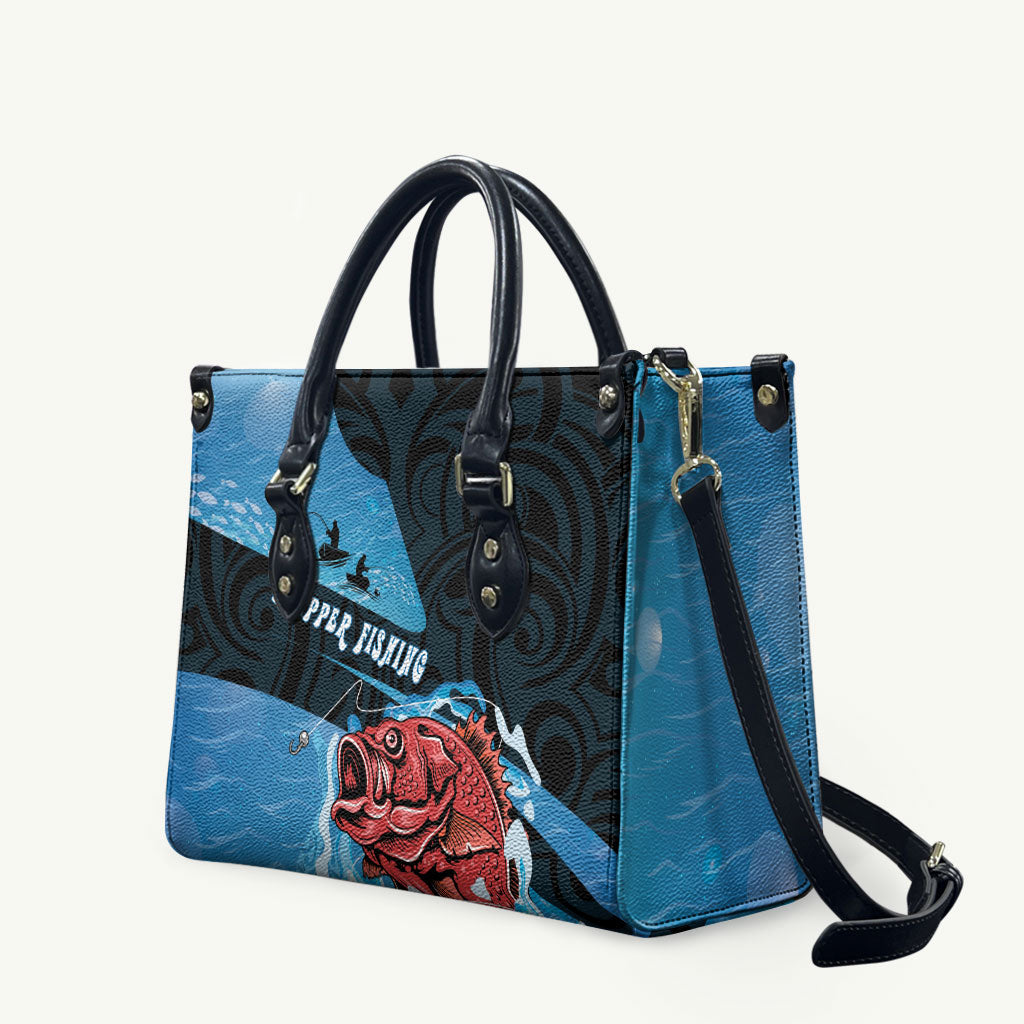 Snapper Fishing New Zealand Leather Bag Tamure Fish Hook Maori Pattern LT22 Blue - Polynesian Pride