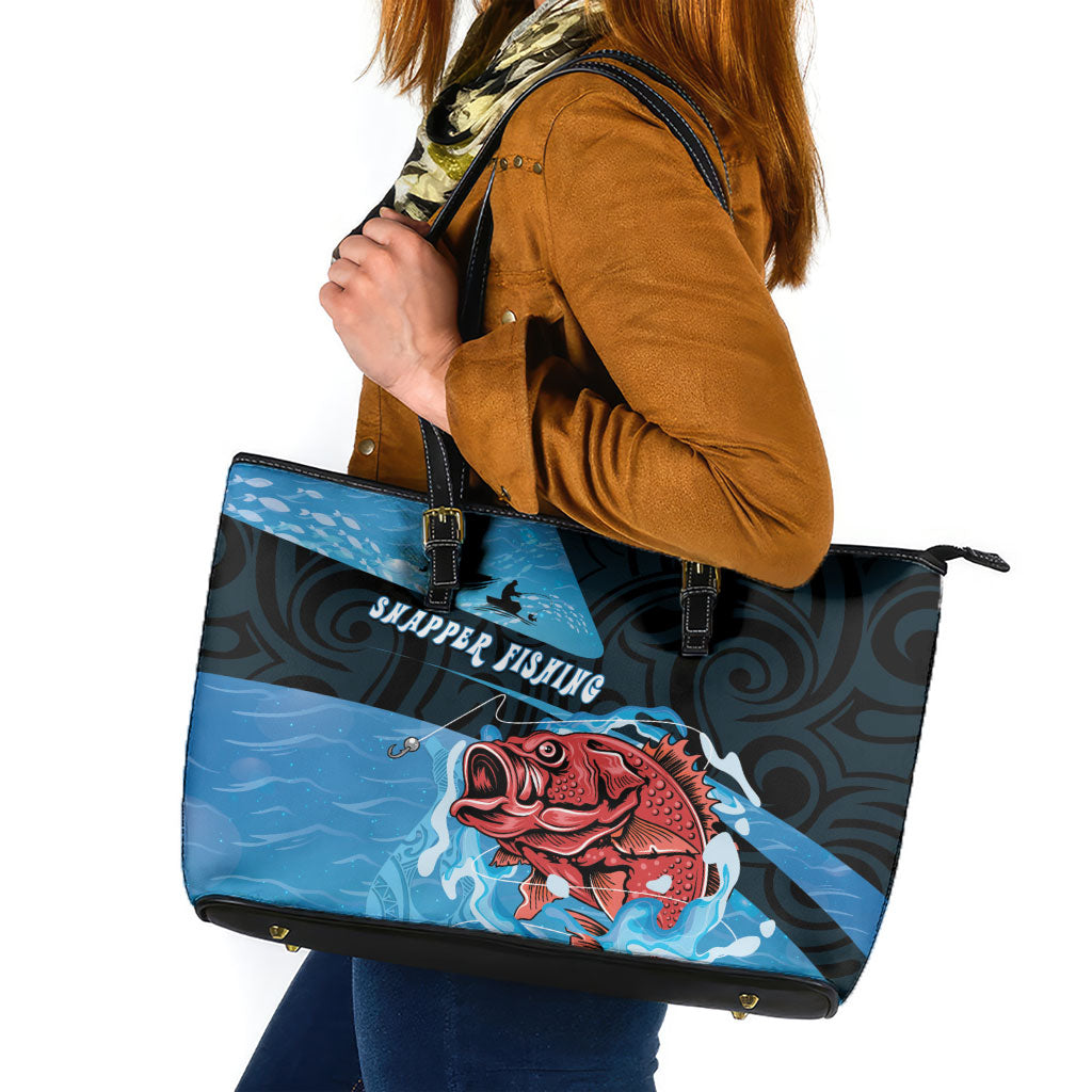 Snapper Fishing New Zealand Leather Tote Bag Tamure Fish Hook Maori Pattern LT22 Blue - Polynesian Pride