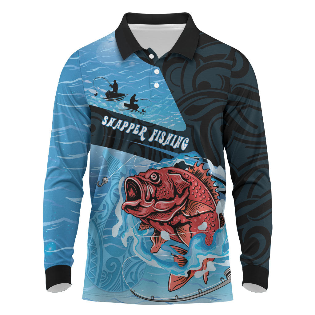 Personalised Snapper Fishing New Zealand Long Sleeve Polo Shirt Tamure Fish Hook Maori Pattern