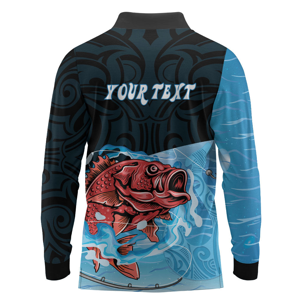 Personalised Snapper Fishing New Zealand Long Sleeve Polo Shirt Tamure Fish Hook Maori Pattern