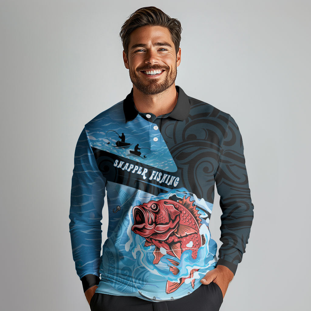 Personalised Snapper Fishing New Zealand Long Sleeve Polo Shirt Tamure Fish Hook Maori Pattern