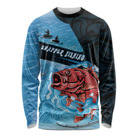 Personalised Snapper Fishing New Zealand Long Sleeve Shirt Tamure Fish Hook Maori Pattern LT22 Unisex Blue - Polynesian Pride
