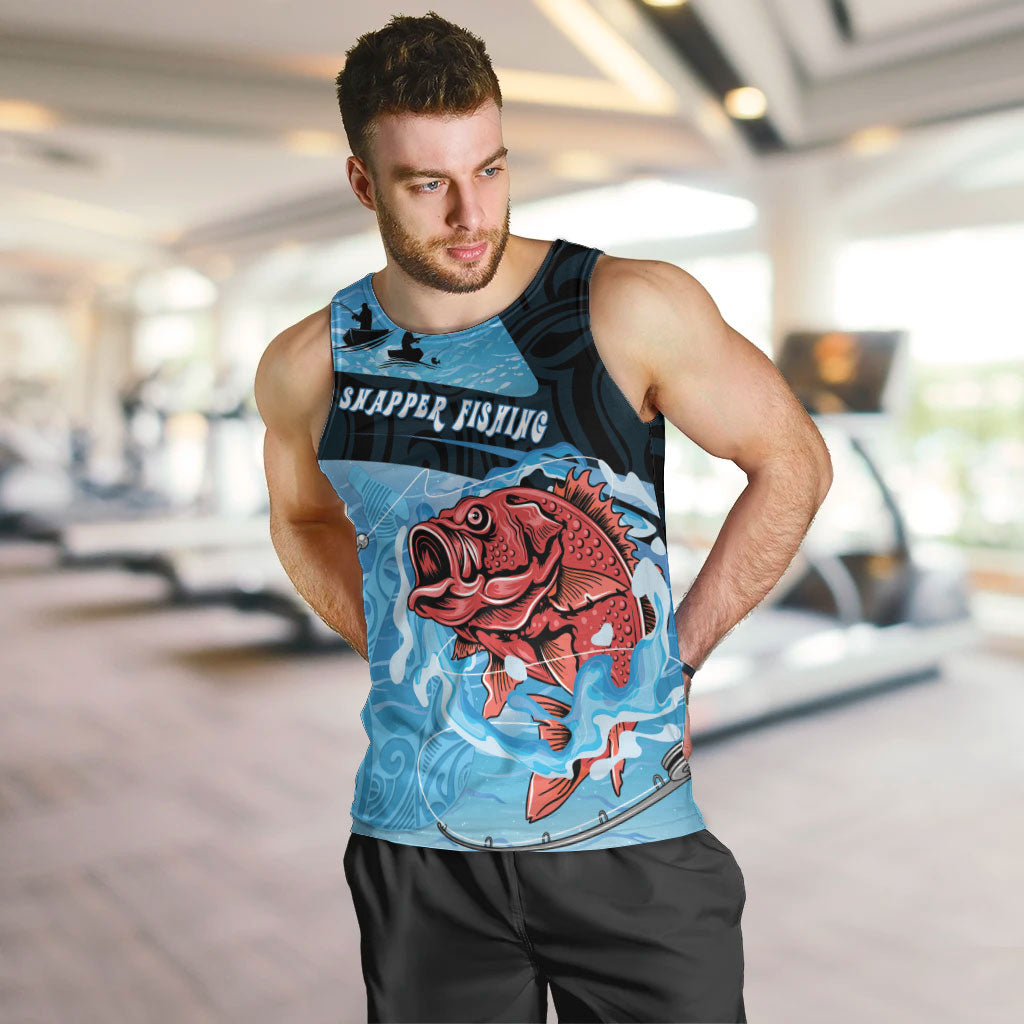 Personalised Snapper Fishing New Zealand Men Tank Top Tamure Fish Hook Maori Pattern LT22 Blue - Polynesian Pride