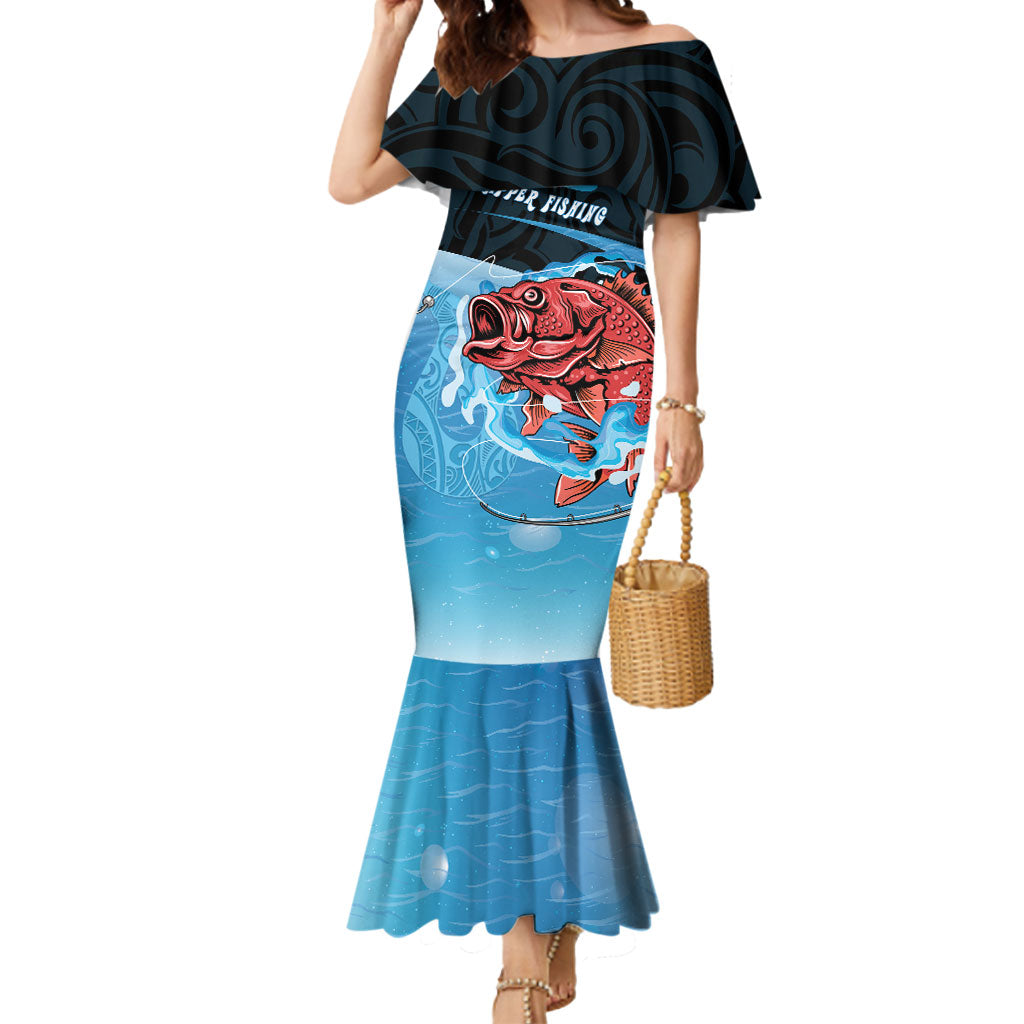 Personalised Snapper Fishing New Zealand Mermaid Dress Tamure Fish Hook Maori Pattern LT22 Women Blue - Polynesian Pride