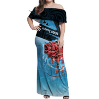 Personalised Snapper Fishing New Zealand Off Shoulder Maxi Dress Tamure Fish Hook Maori Pattern LT22 Women Blue - Polynesian Pride