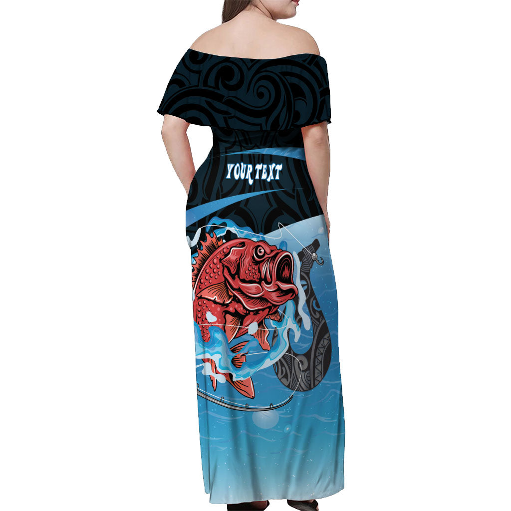 Personalised Snapper Fishing New Zealand Off Shoulder Maxi Dress Tamure Fish Hook Maori Pattern LT22 - Polynesian Pride