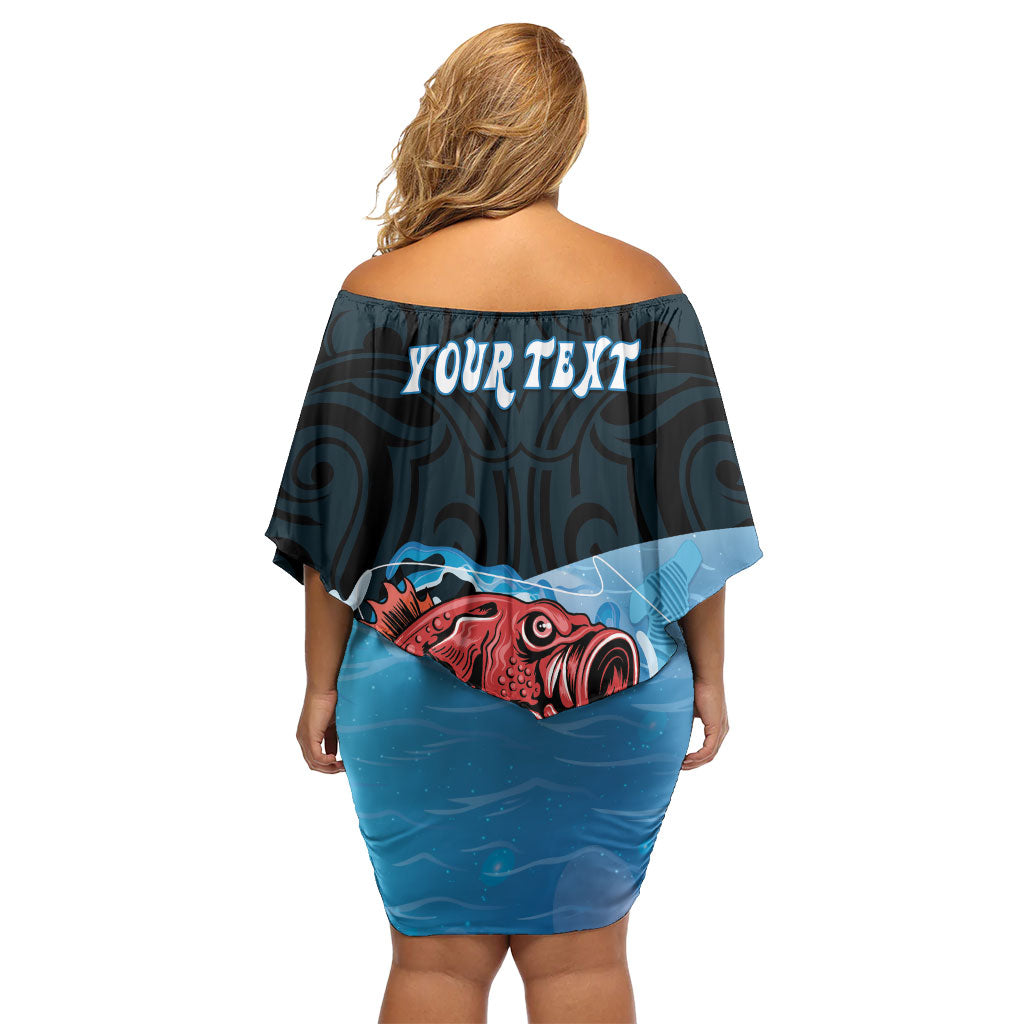 Personalised Snapper Fishing New Zealand Off Shoulder Short Dress Tamure Fish Hook Maori Pattern LT22 - Polynesian Pride