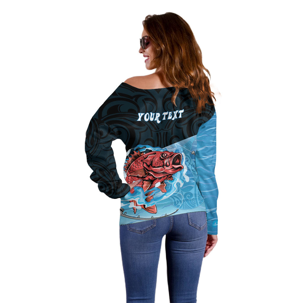 Personalised Snapper Fishing New Zealand Off Shoulder Sweater Tamure Fish Hook Maori Pattern LT22 - Polynesian Pride