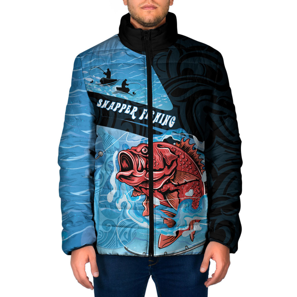 Personalised Snapper Fishing New Zealand Padded Jacket Tamure Fish Hook Maori Pattern LT22 Men Blue - Polynesian Pride