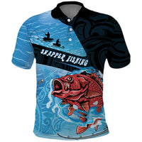 Personalised Snapper Fishing New Zealand Polo Shirt Tamure Fish Hook Maori Pattern LT22 Blue - Polynesian Pride