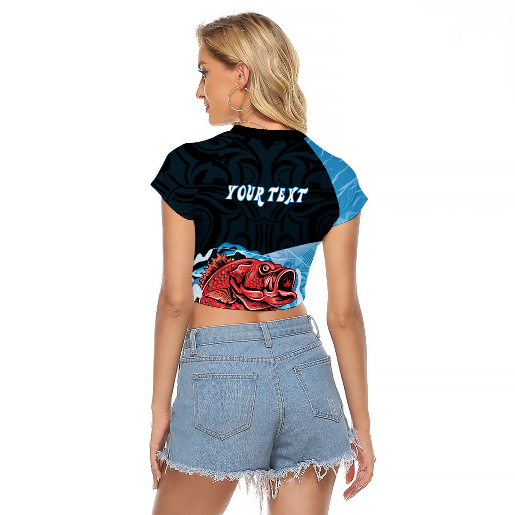 Personalised Snapper Fishing New Zealand Raglan Cropped T Shirt Tamure Fish Hook Maori Pattern LT22 - Polynesian Pride