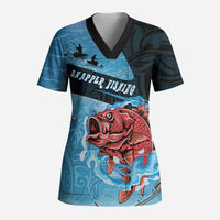 Personalised Snapper Fishing New Zealand Scrub Top Tamure Fish Hook Maori Pattern LT22 Adult Blue - Polynesian Pride