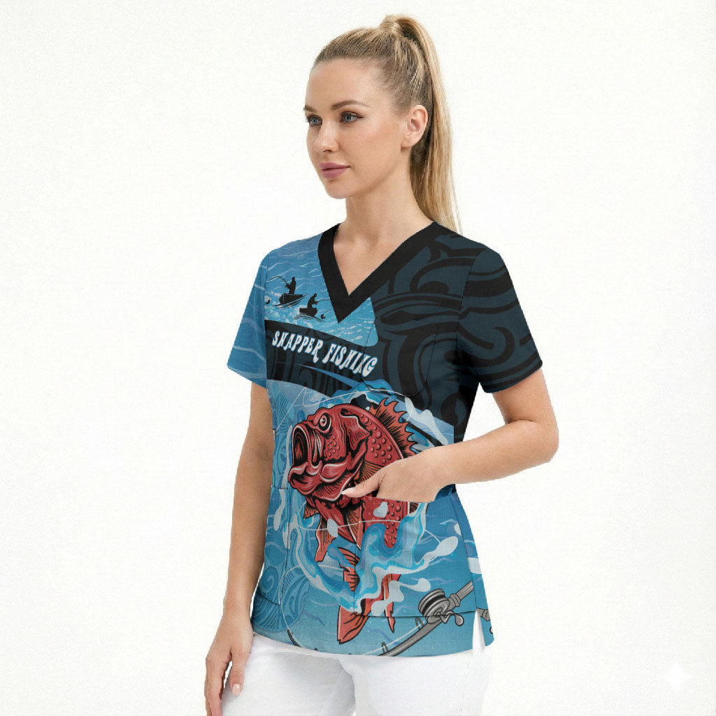 Personalised Snapper Fishing New Zealand Scrub Top Tamure Fish Hook Maori Pattern LT22 - Polynesian Pride