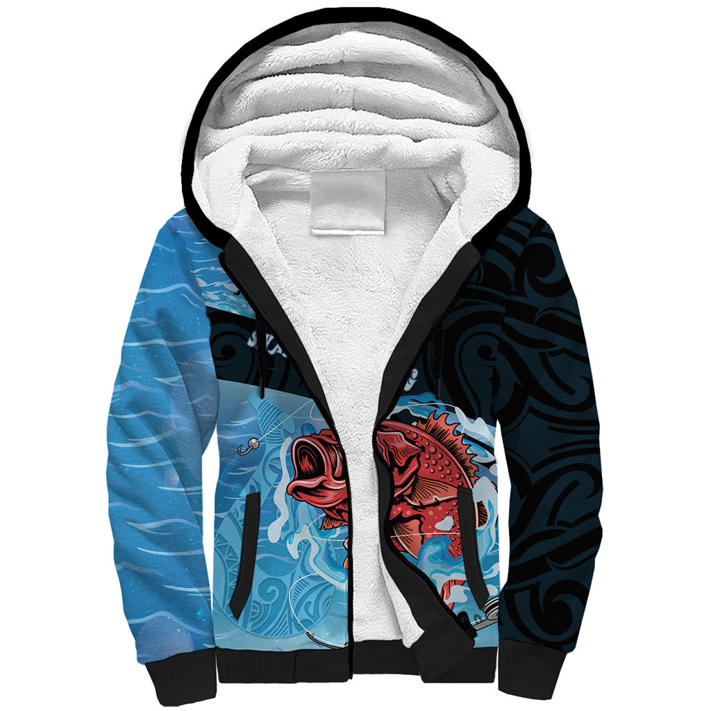 Personalised Snapper Fishing New Zealand Sherpa Hoodie Tamure Fish Hook Maori Pattern LT22 Unisex Blue - Polynesian Pride