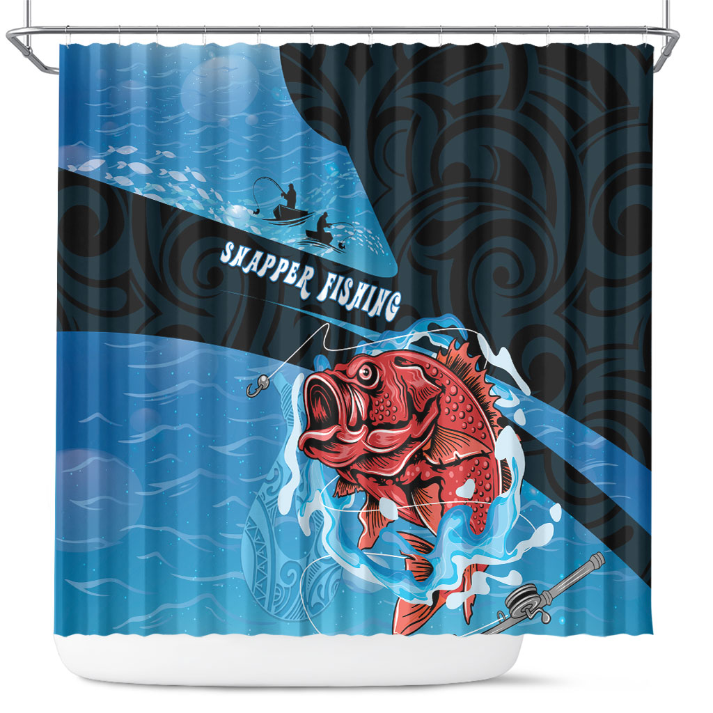 Snapper Fishing New Zealand Shower Curtain Tamure Fish Hook Maori Pattern LT22 Blue - Polynesian Pride