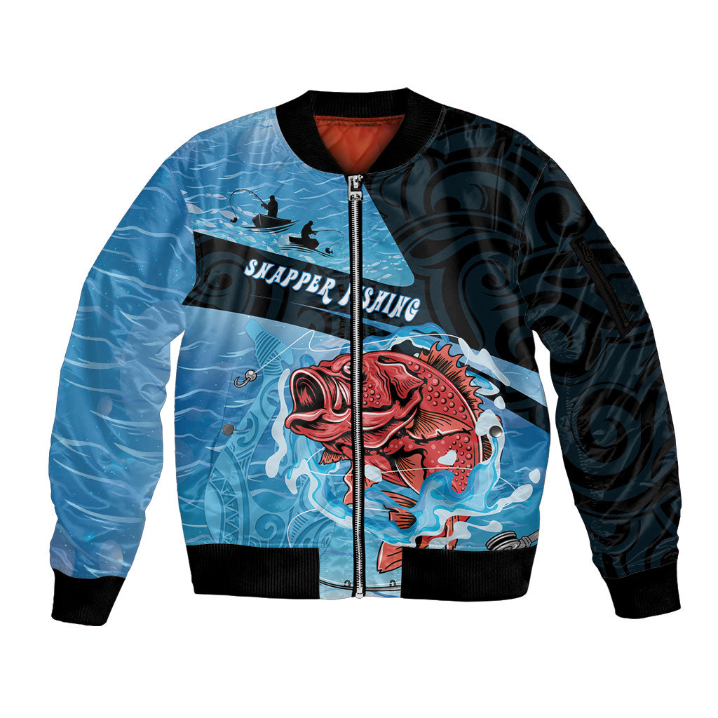 Personalised Snapper Fishing New Zealand Sleeve Zip Bomber Jacket Tamure Fish Hook Maori Pattern LT22 Unisex Blue - Polynesian Pride