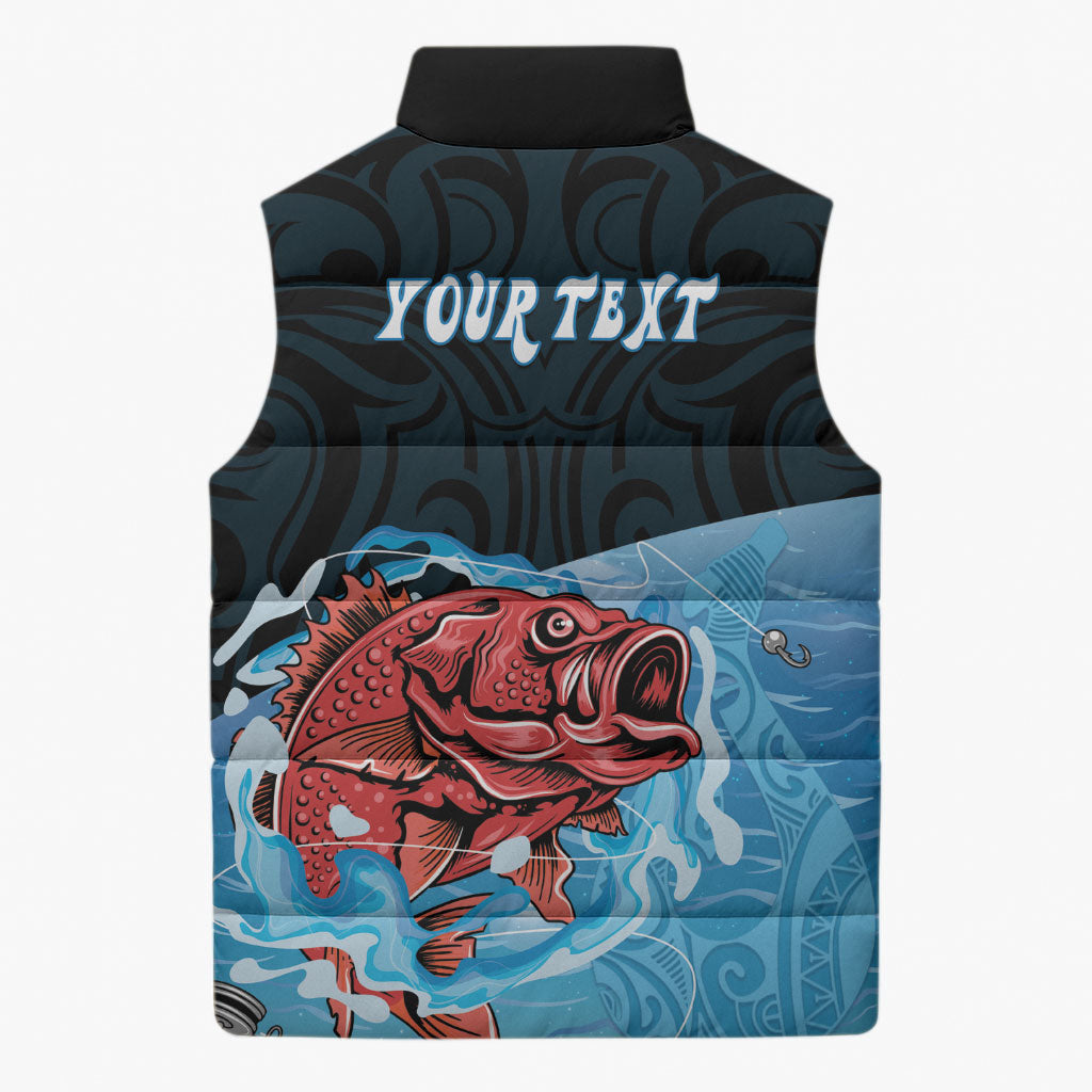 Personalised Snapper Fishing New Zealand Sleeveless Puffer Jacket Tamure Fish Hook Maori Pattern LT22 - Polynesian Pride