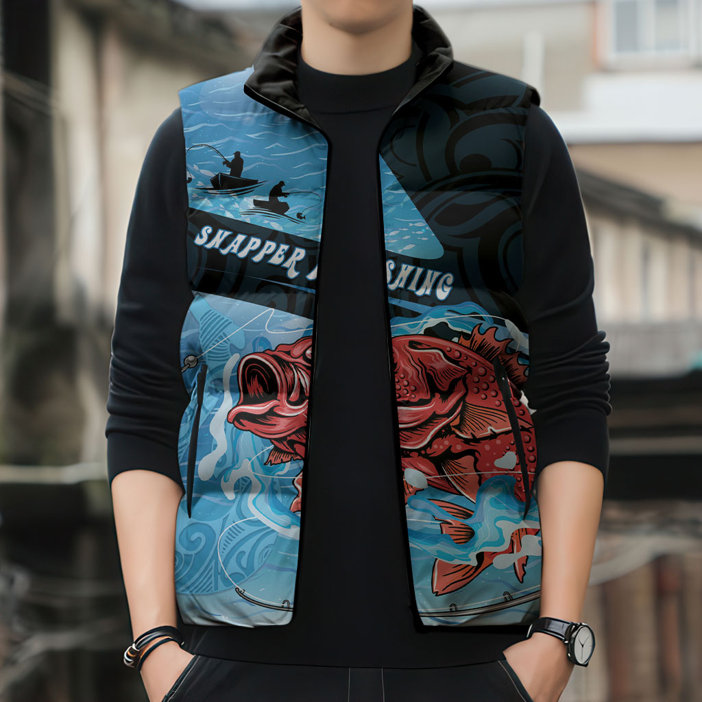 Personalised Snapper Fishing New Zealand Sleeveless Puffer Jacket Tamure Fish Hook Maori Pattern LT22 - Polynesian Pride