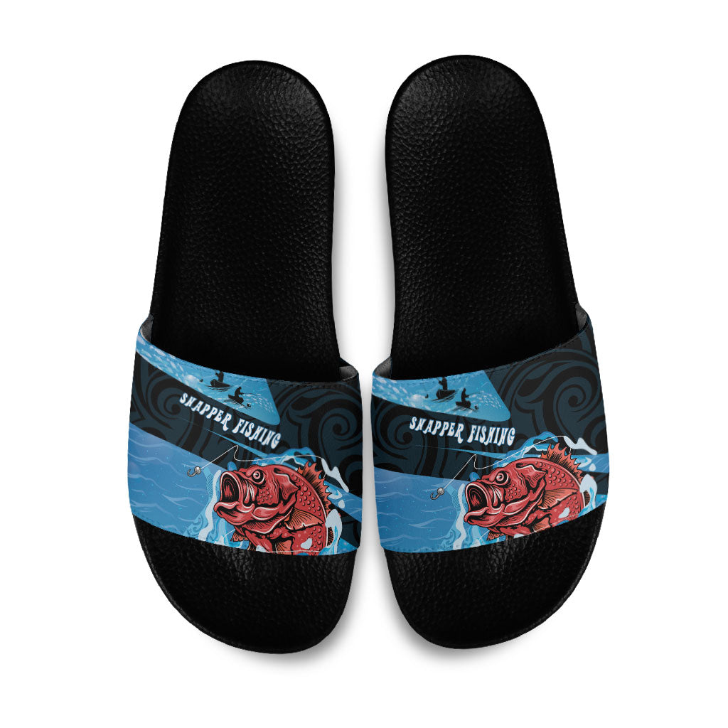 Snapper Fishing New Zealand Slide Sandals Tamure Fish Hook Maori Pattern LT22 Blue - Polynesian Pride